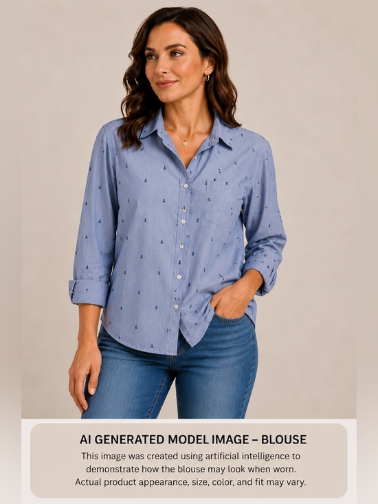 J. Crew Tops - J. Crew Women's Cotton Shirt Light Blue with Navy Anchors Fine Stripe